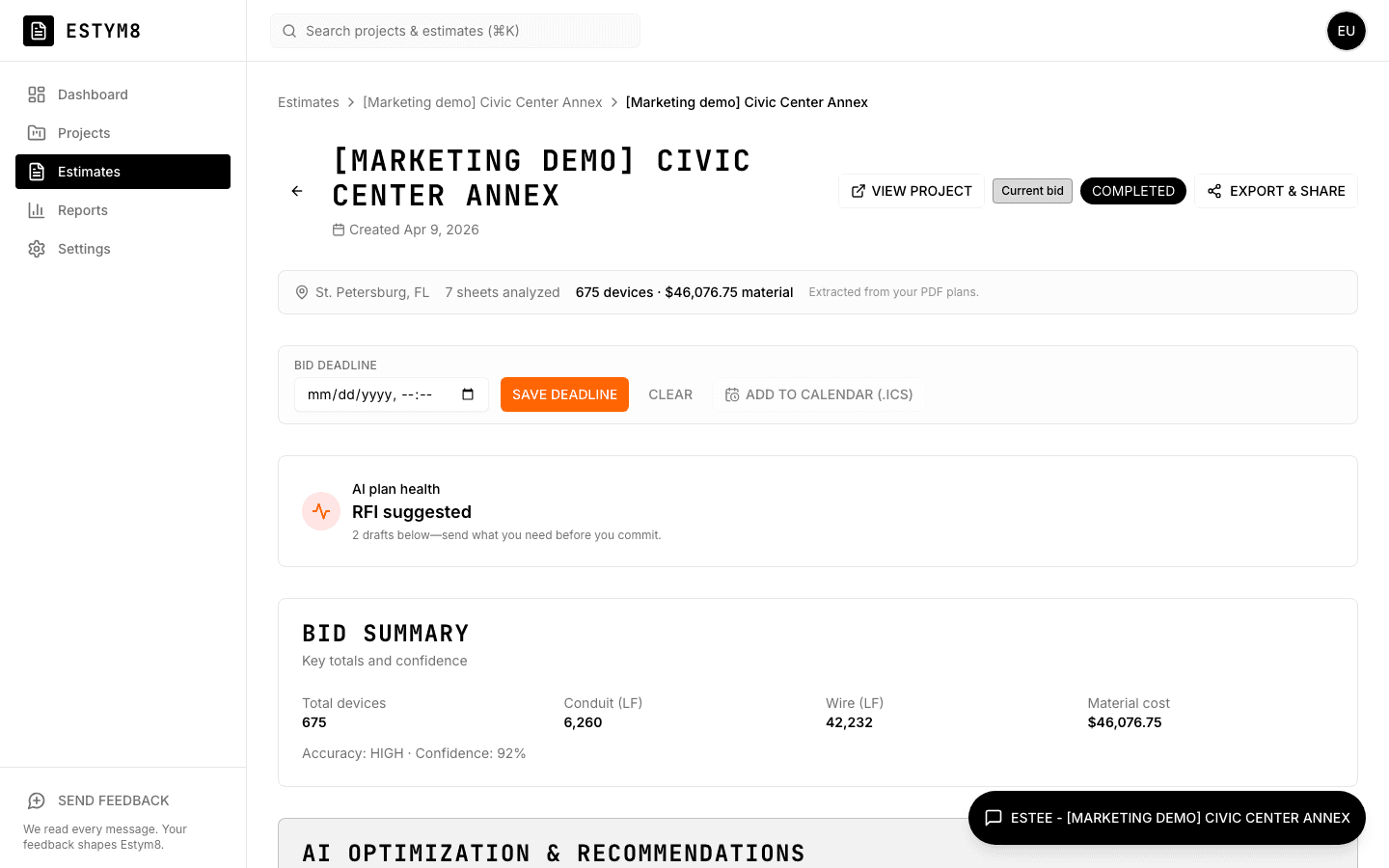 An estimate with the bid summary, workbook, and RFIs.